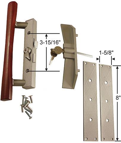 (DH-113) Sliding Patio Door Keyed Aluminum With Wood Handle Set, 3-15/16" Hole Space - Garage and Sliding Door Hardware