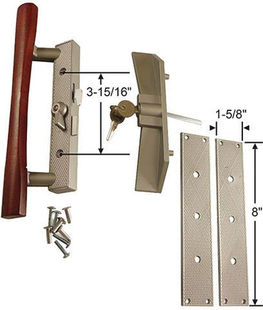 (DH-113) Sliding Patio Door Keyed Aluminum With Wood Handle Set, 3-15/16" Hole Space - Garage and Sliding Door Hardware