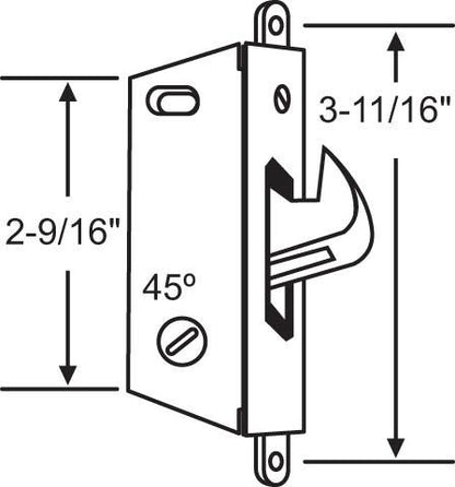 Sliding Door Mortise Lock SQUARE face 45-degree with hook out and 3-11/16" Hole Spacing - Garage and Sliding Door Hardware