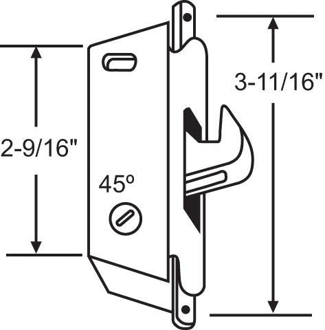 Sliding Door Mortise Lock ROUND face 45-degree with hook out and 3-11/16" Hole Spacing - Garage and Sliding Door Hardware
