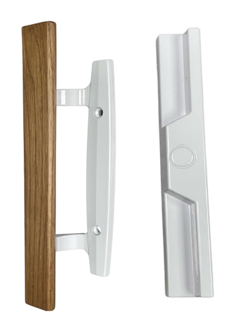 Mortise Style Reversible Sliding Patio Door Handle Set with Oak Wood Interior Handle and Exterior Pull in White Diecast Finish Fits 3-15/16” Screw Hole Spacing, Non-keyed with Latch Locks (DH-207)