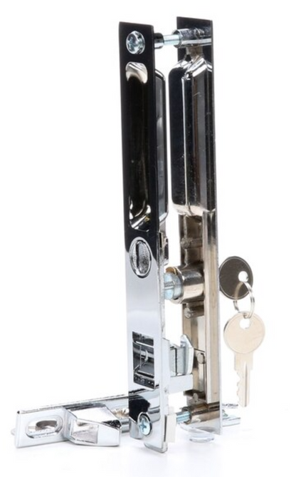 Sliding Door Flush Mount Handle Set with Key Cylinder | Keyed Chrome Flush Mount Sliding Glass Door Handle Set 6-5/8" Screw Holes with 4 Hook Assortment (DL-503-C-K) - Garage and Sliding Door Hardware