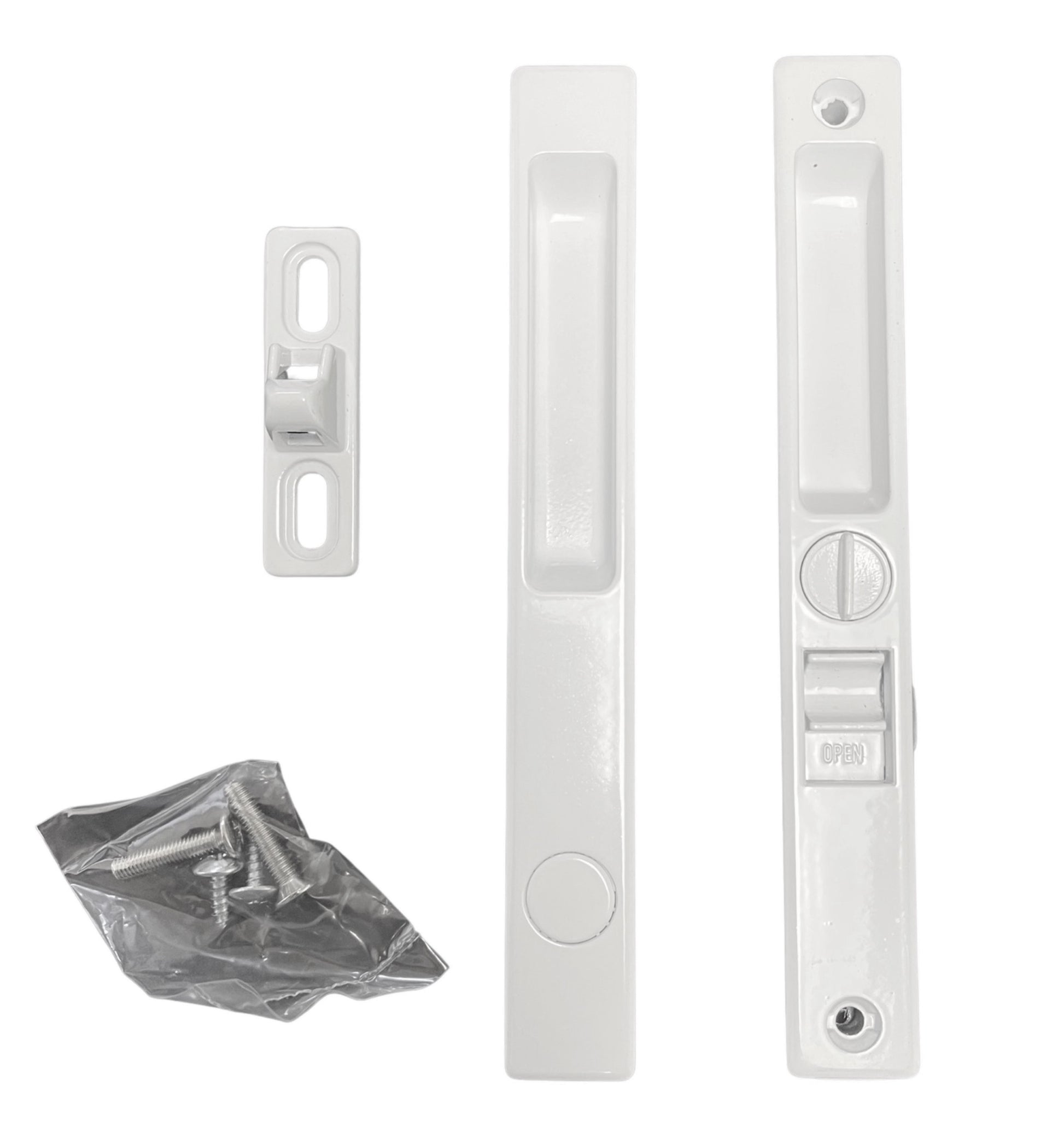 Sliding Glass Patio Door Lock Handle Set, Non-Keyed, Flush Mount, With Nite Lock,"C" Cam, and Keeper, White, 6-9/16" Screw Holes - Garage and Sliding Door Hardware