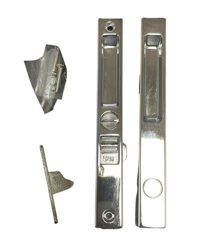 Sliding Glass Patio Door Lock Handle Set, Non-Keyed, Flush Mount, With Nite Lock,"C" Cam, and Keeper, White, 6-9/16" Screw Holes - Garage and Sliding Door Hardware