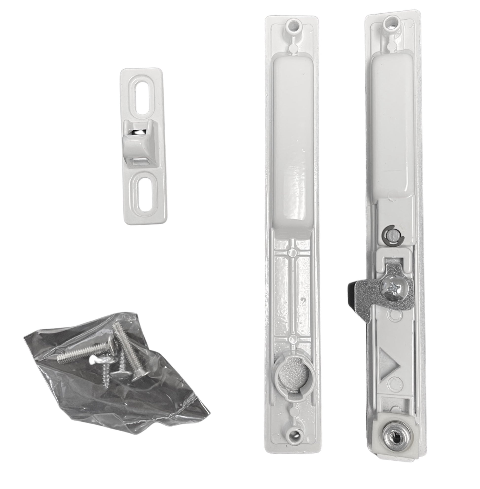 Sliding Glass Patio Door Lock Handle Set, Non-Keyed, Flush Mount, With Nite Lock,"C" Cam, and Keeper, White, 6-9/16" Screw Holes - Garage and Sliding Door Hardware