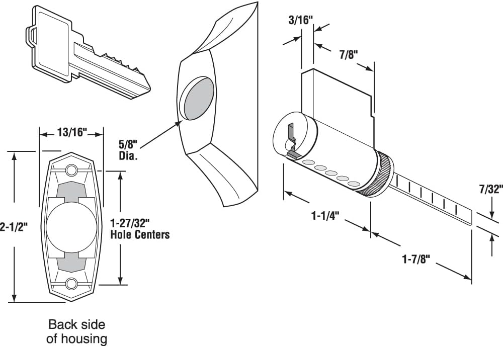 Sliding Patio Door Lock Assembly Key Cylinder and Housing (LOCKSET-16-323) - Garage and Sliding Door Hardware
