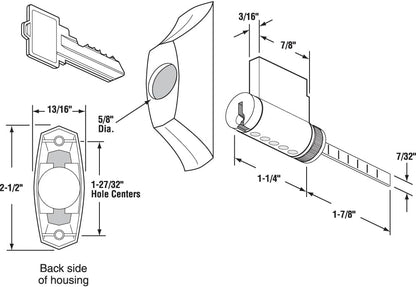 Sliding Patio Door Lock Assembly Key Cylinder and Housing (LOCKSET-16-323) - Garage and Sliding Door Hardware