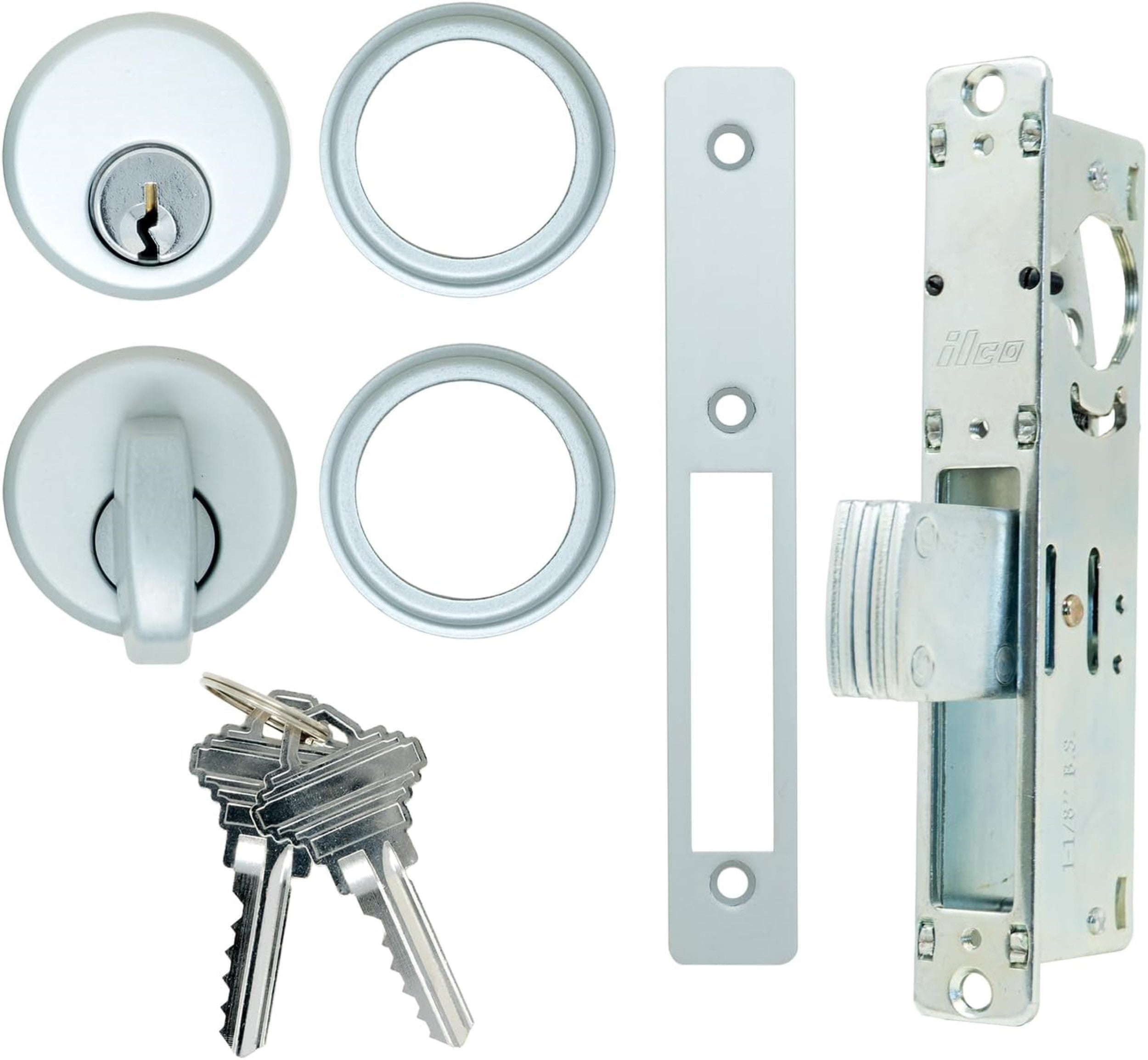 Storefront 1-1/8 in. Mortise Deadlock Function Door Lock  and Cylinder with Keys Set for Adams Rite Type Storefront Door in Zinc and Aluminum White Finish - Garage and Sliding Door Hardware