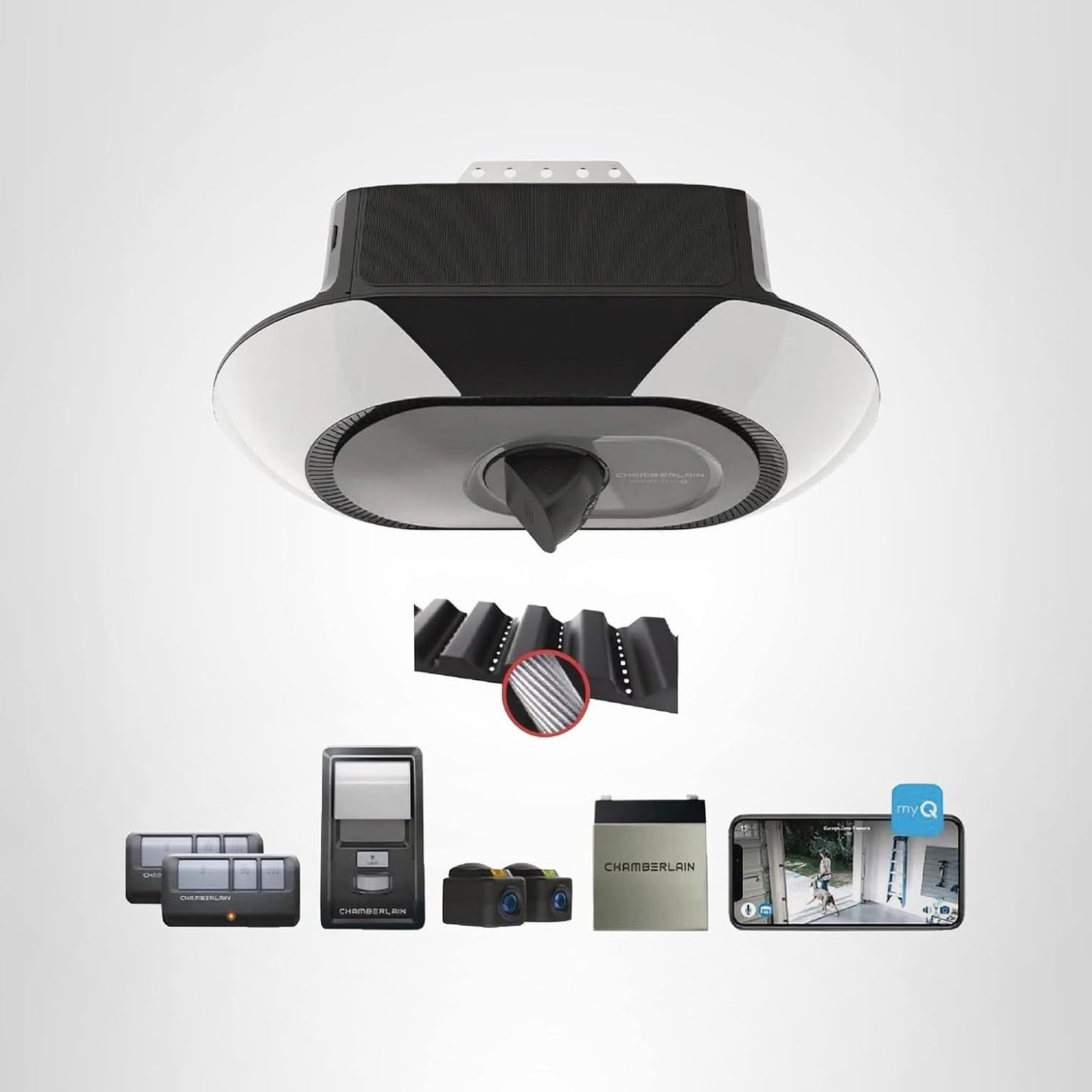 Chamberlain B6753T 1-1/4 HPS myQ Video Ultra Quiet Smart Compatible Belt drive Garage Door Opener Wi-Fi Compatibility and Battery Back-Up LED Light and Camera