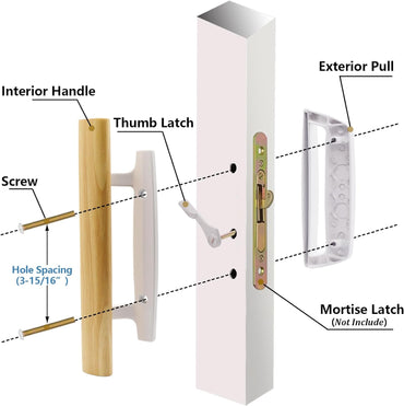 Sliding Patio Glass Door Handle Set Replacement – Diecast with Wood Finish Mortise Style, Fits 3-15/16 In. Hole Spacing - Garage and Sliding Door Hardware