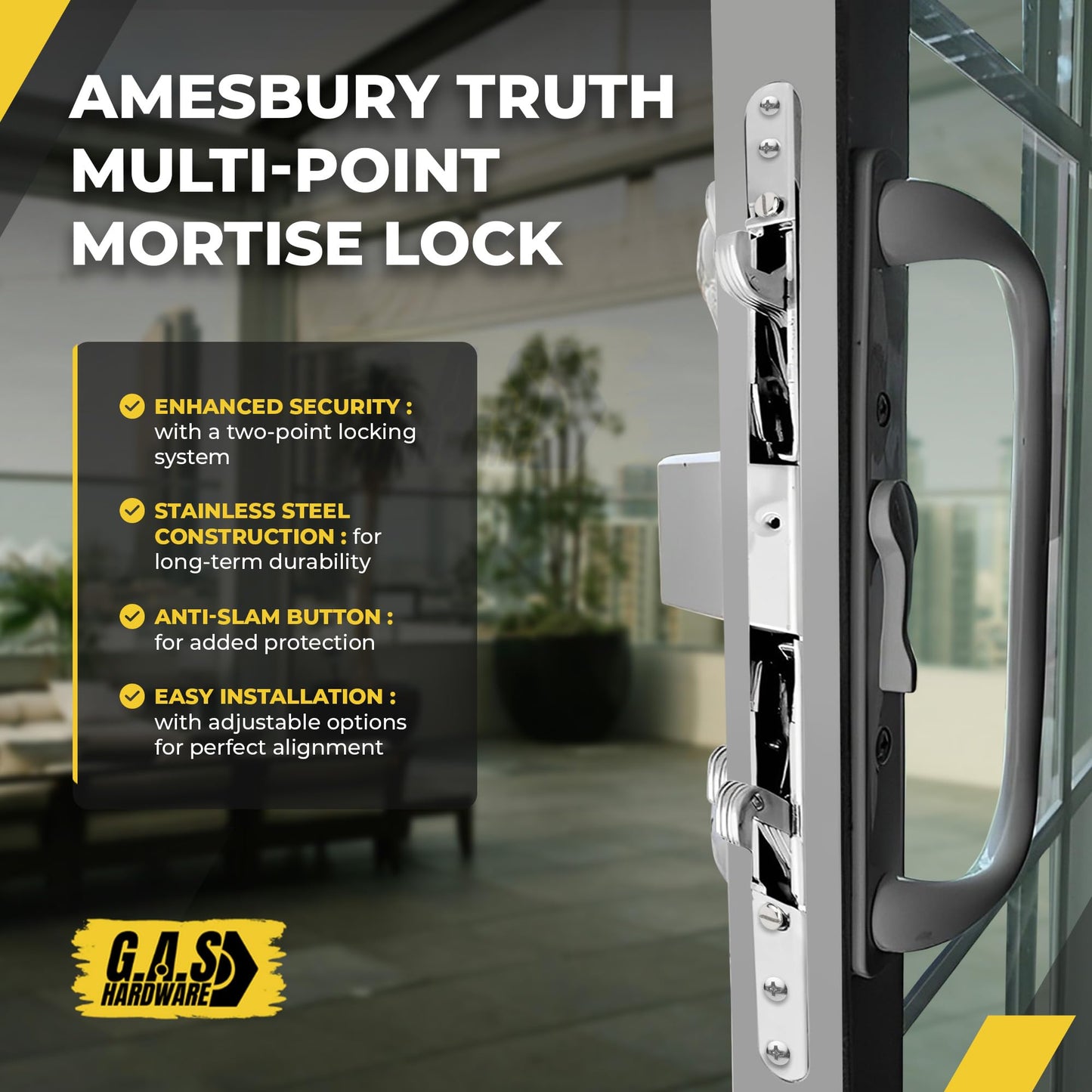 2-Point Sliding Door Outward Mortise Lock, Center Latch, No Faceplate 9-7/8" Hole Space - Stainless Steel - Garage and Sliding Door Hardware