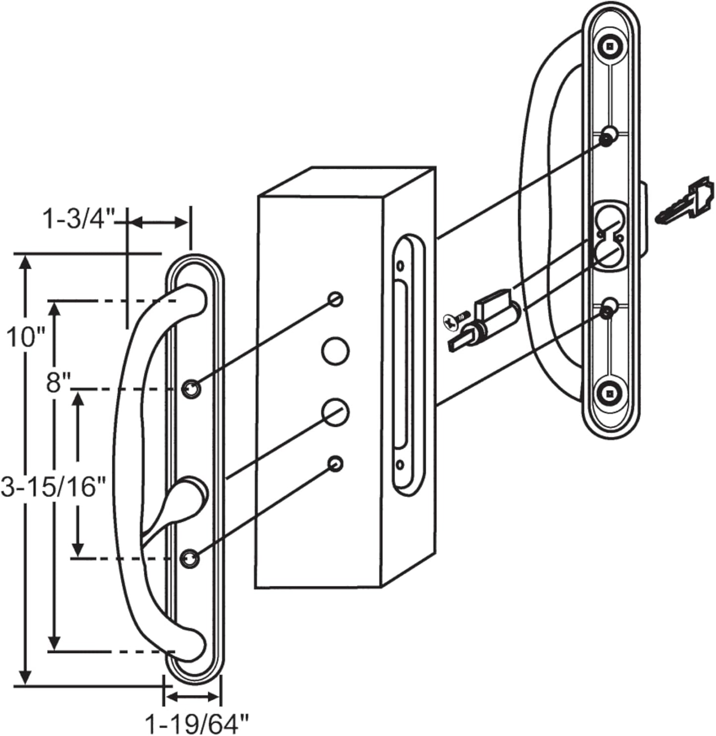 DH-341 Truth Sliding Patio Door Handle Set, 3-15/16" Hole Spacing, Offset Latch w/ Key - Garage and Sliding Door Hardware