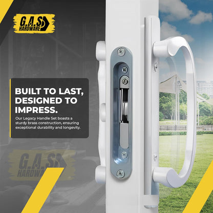 (DH-211-W) Legacy Handle Set for Sliding Doors, 3-15/16" Hole Space- WHITE - CENTER LATCH - Garage and Sliding Door Hardware