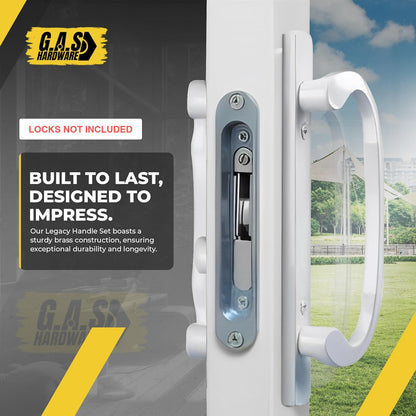 (DH-211-W) Legacy Handle Set for Sliding Doors, 3-15/16" Hole Space - White - OFF SET LATCH - Garage and Sliding Door Hardware