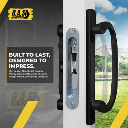 (DH-211-BLACK) Legacy Handle Set for Sliding Doors, 3-15/16" Hole Space- BLACK- CENTER LATCH - Garage and Sliding Door Hardware