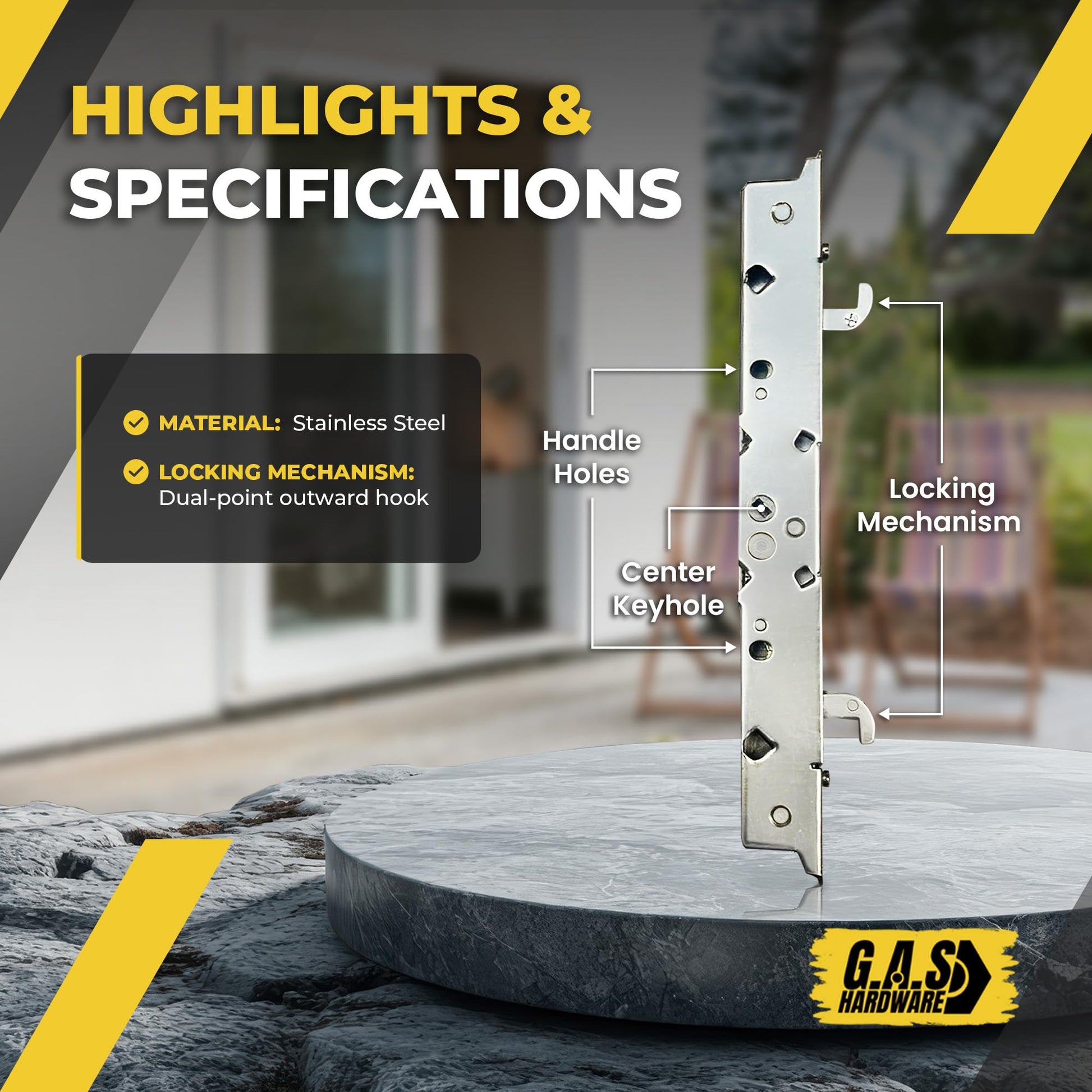 2-Point Sliding Door Outward Mortise Lock, Center Latch, No Faceplate 9-7/8" Hole Space - Stainless Steel - Garage and Sliding Door Hardware