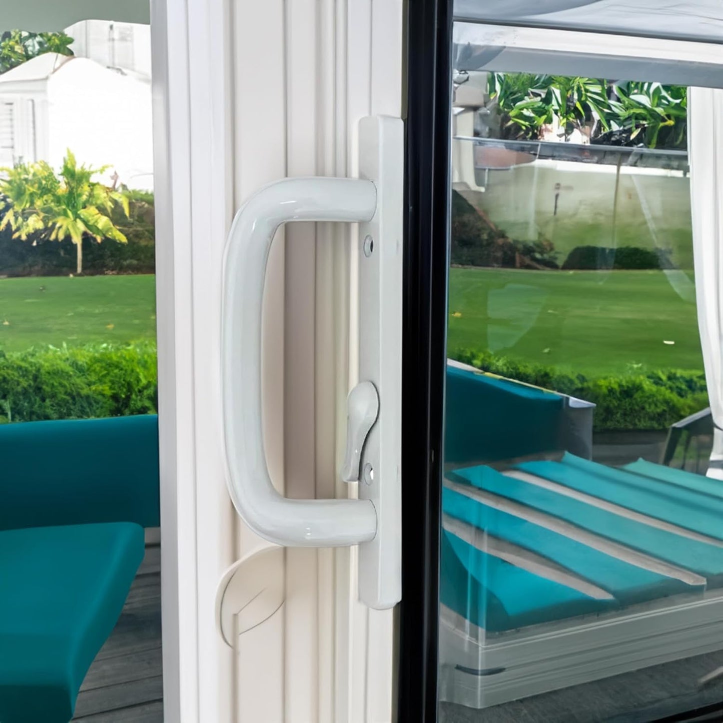 (DH-204-W) Windor Handle for Sliding Door, 3-15/16" Hole Space - Offset Latch, White - Garage and Sliding Door Hardware