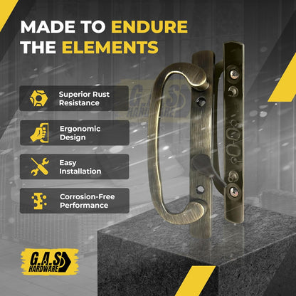 Legacy Handle Set for Sliding Glass Doors, ANTIQUE BRASS- OFF SET LATCH - Garage and Sliding Door Hardware