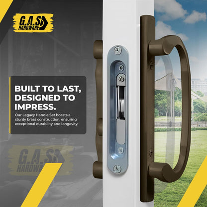 (DH-211-BRONZE) Legacy Handle Set for Sliding Doors, 3-15/16" Hole Space- BRONZE- OFF SET LATCH - Garage and Sliding Door Hardware