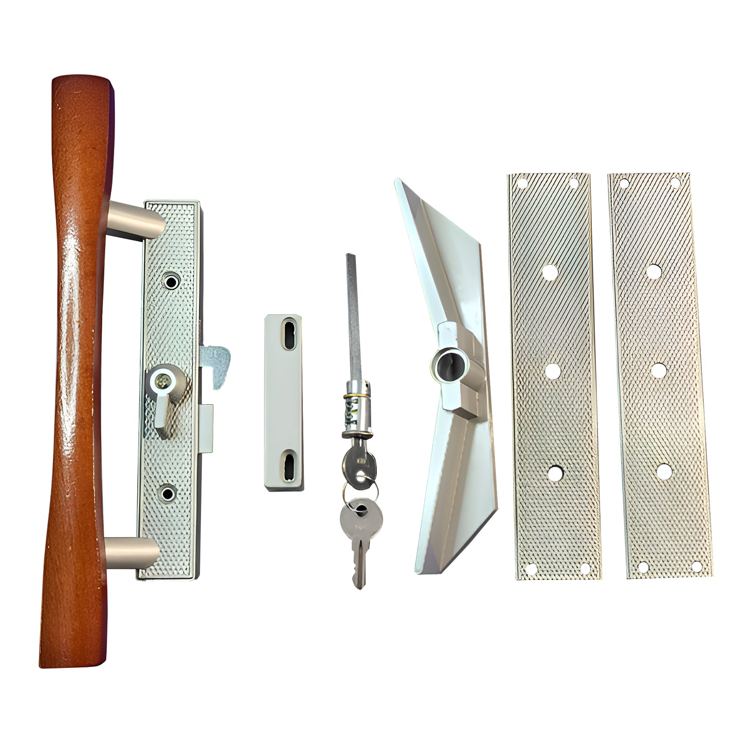 (DH-113) Sliding Patio Door Keyed Aluminum With Wood Handle Set, 3-15/16" Hole Space - Garage and Sliding Door Hardware