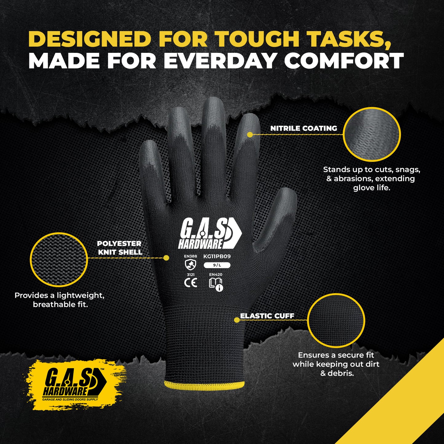 10-Pair Nitrile Work Gloves – Lightweight, Abrasion-Resistant, Cut-Proof, Non-Slip Grip, Multipurpose for Construction, Gardening, DIY - Garage and Sliding Door Hardware