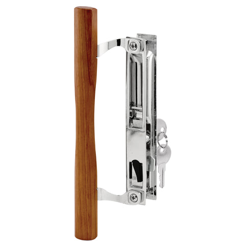 Keyed Sliding Glass Door Handle Set - Wood & Chrome Plated Diecast, Hook Style, Flush Mount, Fits 6-5/8” Hole Spacing - Replace Old or Damaged Door Handles Quickly and Easily