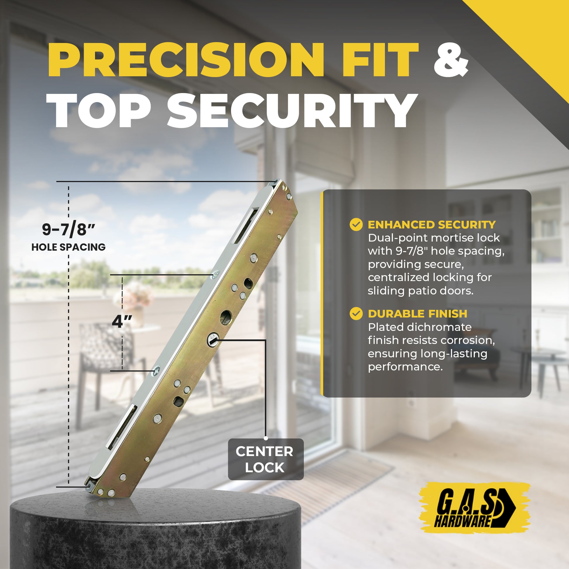10" Dual Point Mortise Lock, 9-7/8" Hole Spacing, CENTER Latch Position - Garage and Sliding Door Hardware