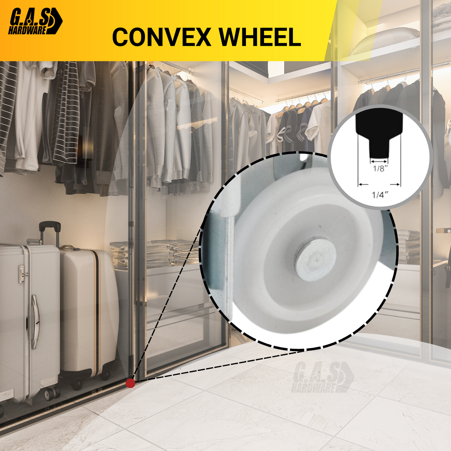 G.A.S. Hardware Steel-Framed Mirror Bottom Closet Door Roller Assembly Convex 1-7/16" Wheels | Roller Replacement for Closet Mirror Wardrobe Doors | Nylon Flat Roller Wheels (DR-11827) - Garage and Sliding Door Hardware