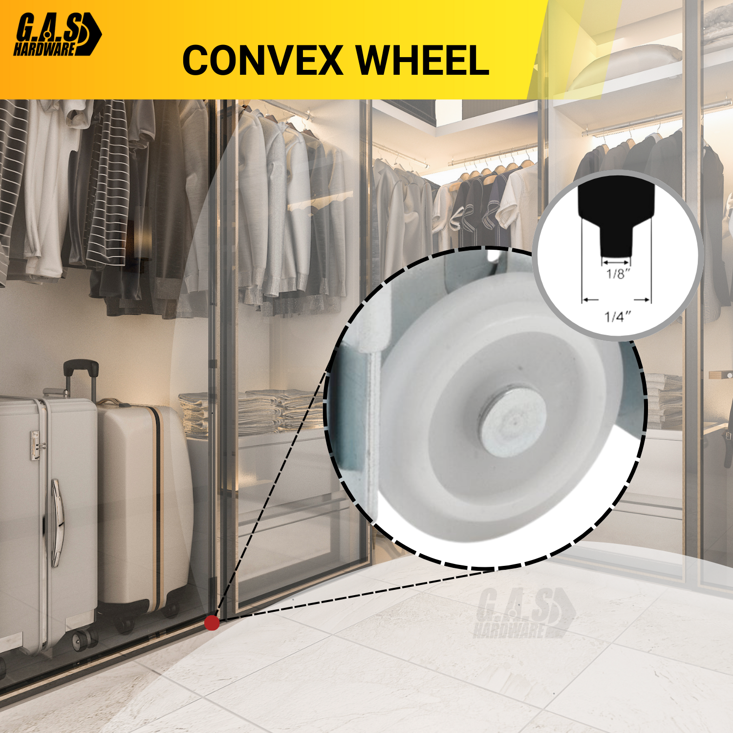 G.A.S. Hardware Steel-Framed Mirror Bottom Closet Door Roller Assembly Convex 1-7/16" Wheels | Roller Replacement for Closet Mirror Wardrobe Doors | Nylon Flat Roller Wheels (DR-11827) - Garage and Sliding Door Hardware