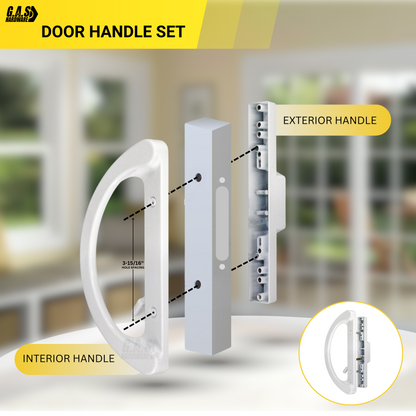 8" Sliding Patio Glass Door Handle Set Replacement – White Diecast Aluminum, Non-Keyed, Fits 3-15/16” Hole Spacing - Garage and Sliding Door Hardware