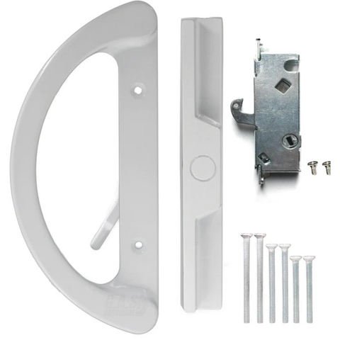 8" Sliding Patio Glass Door Handle Set Replacement with Mortise Lock – White Diecast, Non-Keyed, Fits 3-15/16” Hole Spacing - Fix and Repair Door Hardware