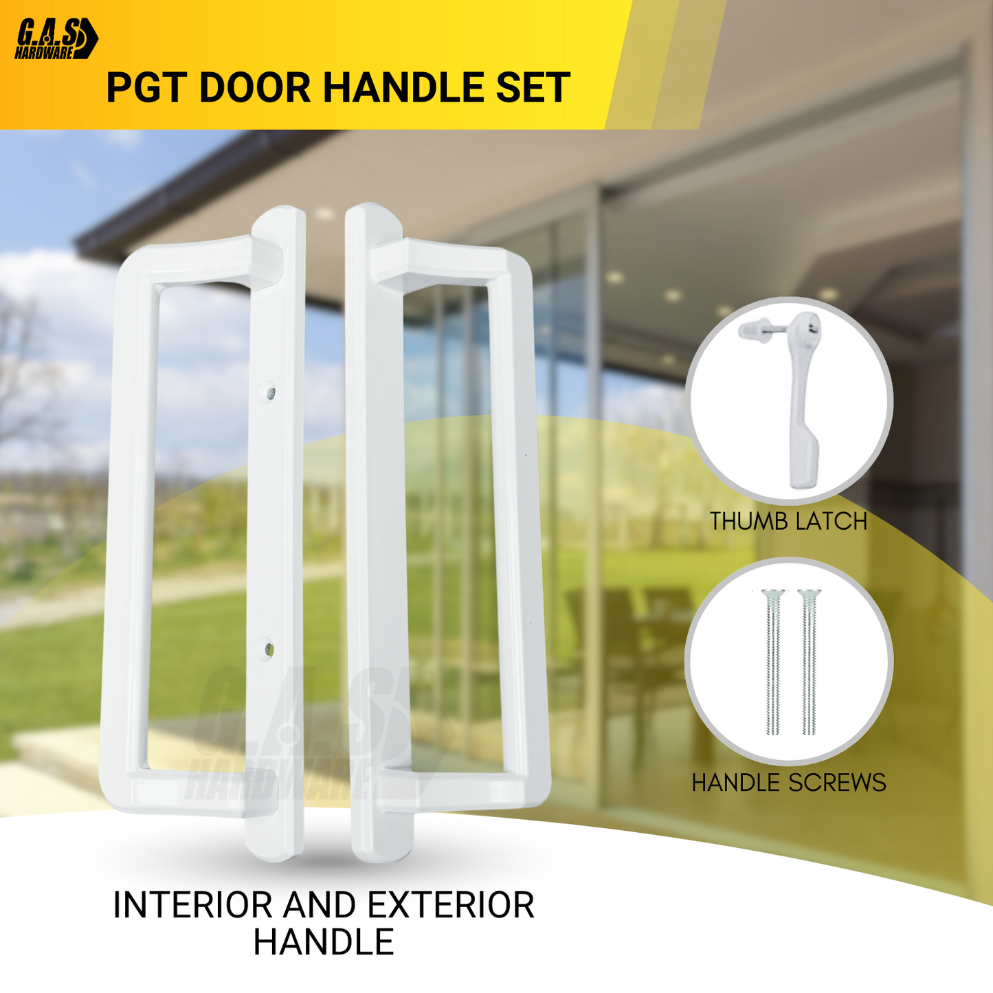 PGT 10" White Sliding Door Handle Set Kit with Thumb Latch Lever, and Screws Interior or Exterior Replacement Patio Door Handle with 3-7/8" Hole Spacing - Garage and Sliding Door Hardware