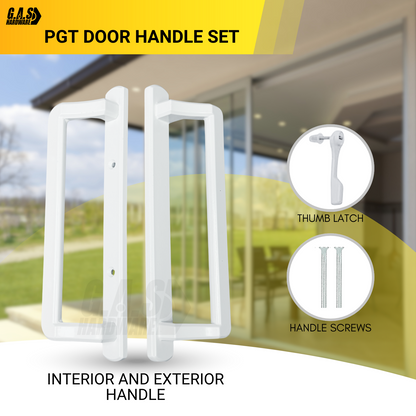 PGT 10" White Sliding Door Handle Set Kit with Thumb Latch Lever, and Screws Interior or Exterior Replacement Patio Door Handle with 3-7/8" Hole Spacing - Garage and Sliding Door Hardware
