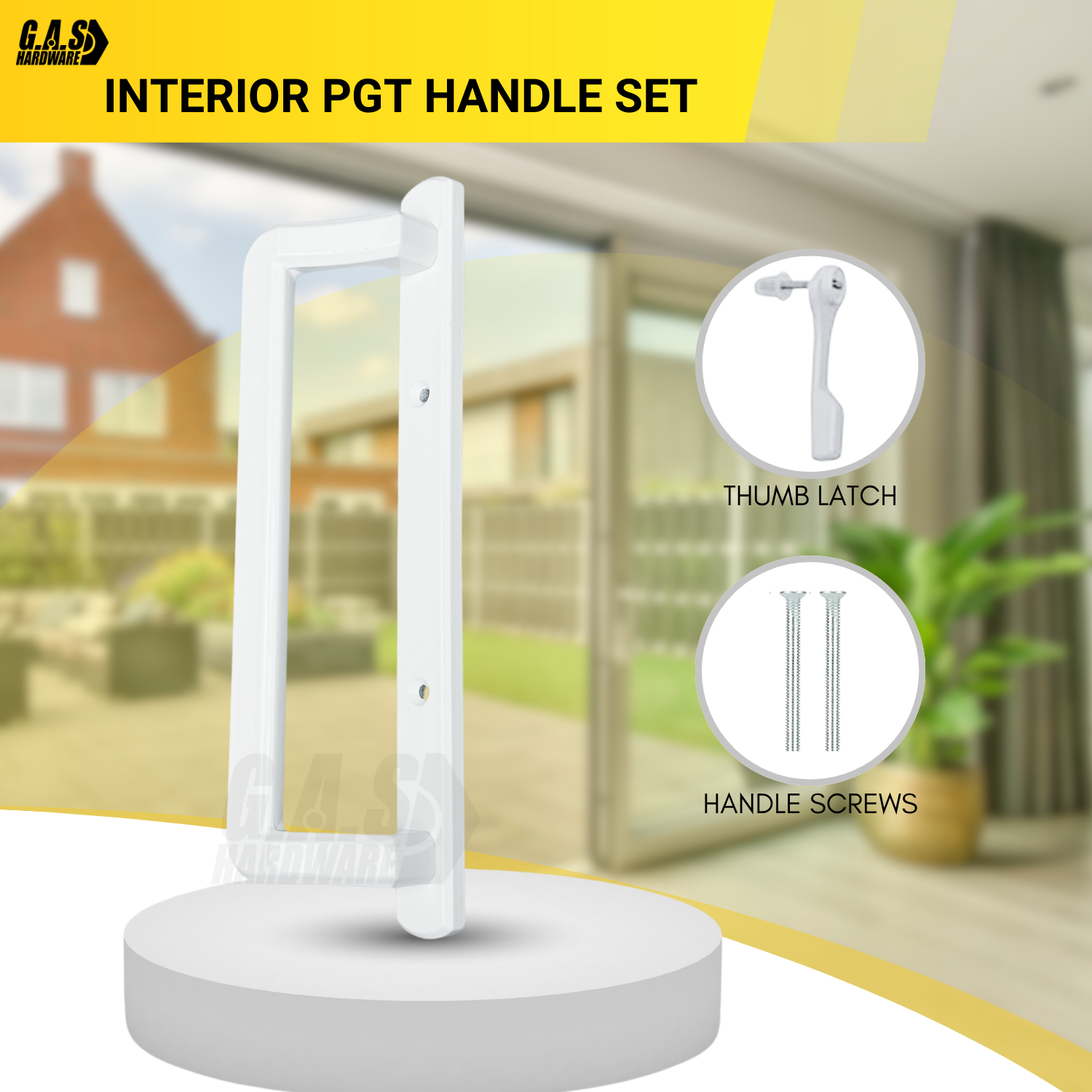 PGT 10" White Sliding Door Handle Set Kit with Thumb Latch Lever, and Screws Interior or Exterior Replacement Patio Door Handle with 3-7/8" Hole Spacing - Garage and Sliding Door Hardware