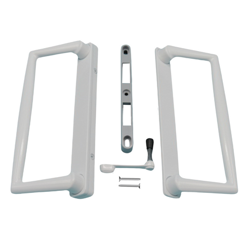 9" White CGI / PGT Sliding Glass Patio Door Surface Mount Handle Set Replacement with Thumb Latch Lever, Screws, and Keepers - 4-15/16" Hole Spacing