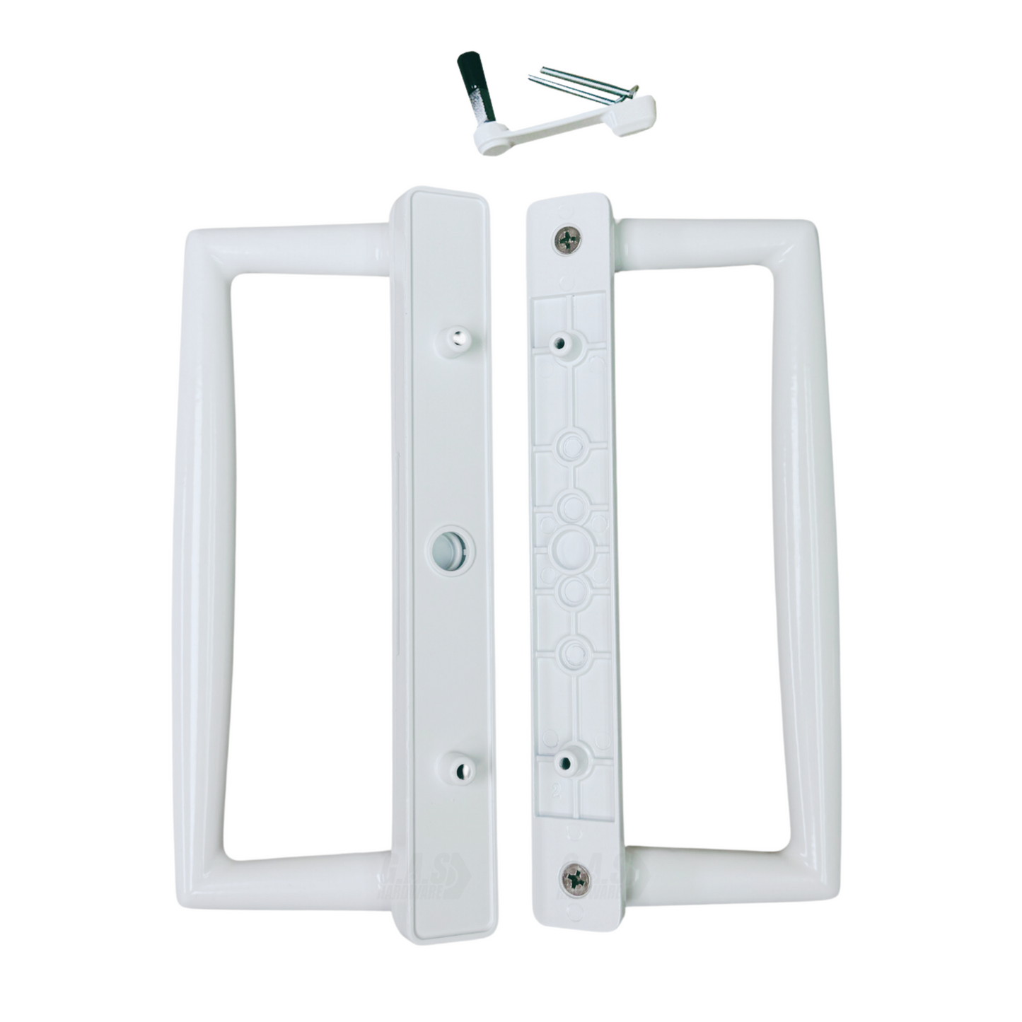 9" White CGI / PGT Sliding Glass Patio Door Surface Mount Handle Set Replacement with Thumb Latch Lever, Screws, and Keepers - 4-15/16" Hole Spacing - Garage and Sliding Door Hardware