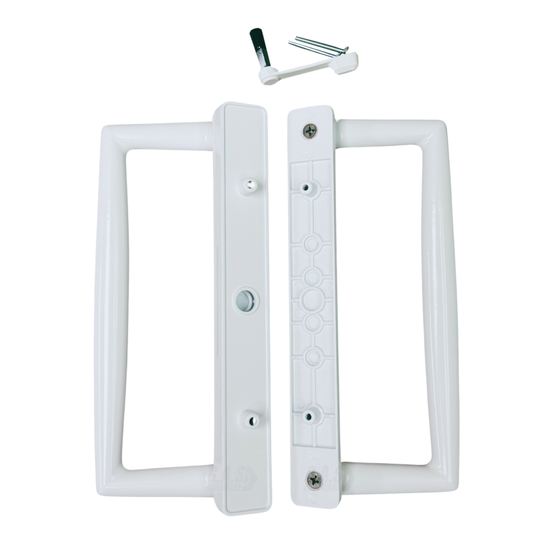 9" White CGI / PGT Sliding Glass Patio Door Surface Mount Handle Set Replacement with Thumb Latch Lever, Screws, and Keepers - 4-15/16" Hole Spacing - Garage and Sliding Door Hardware