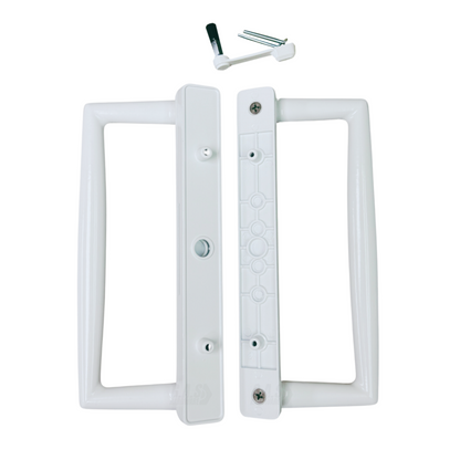 9" White CGI / PGT Sliding Glass Patio Door Surface Mount Handle Set Replacement with Thumb Latch Lever, Screws, and Keepers - 4-15/16" Hole Spacing - Garage and Sliding Door Hardware