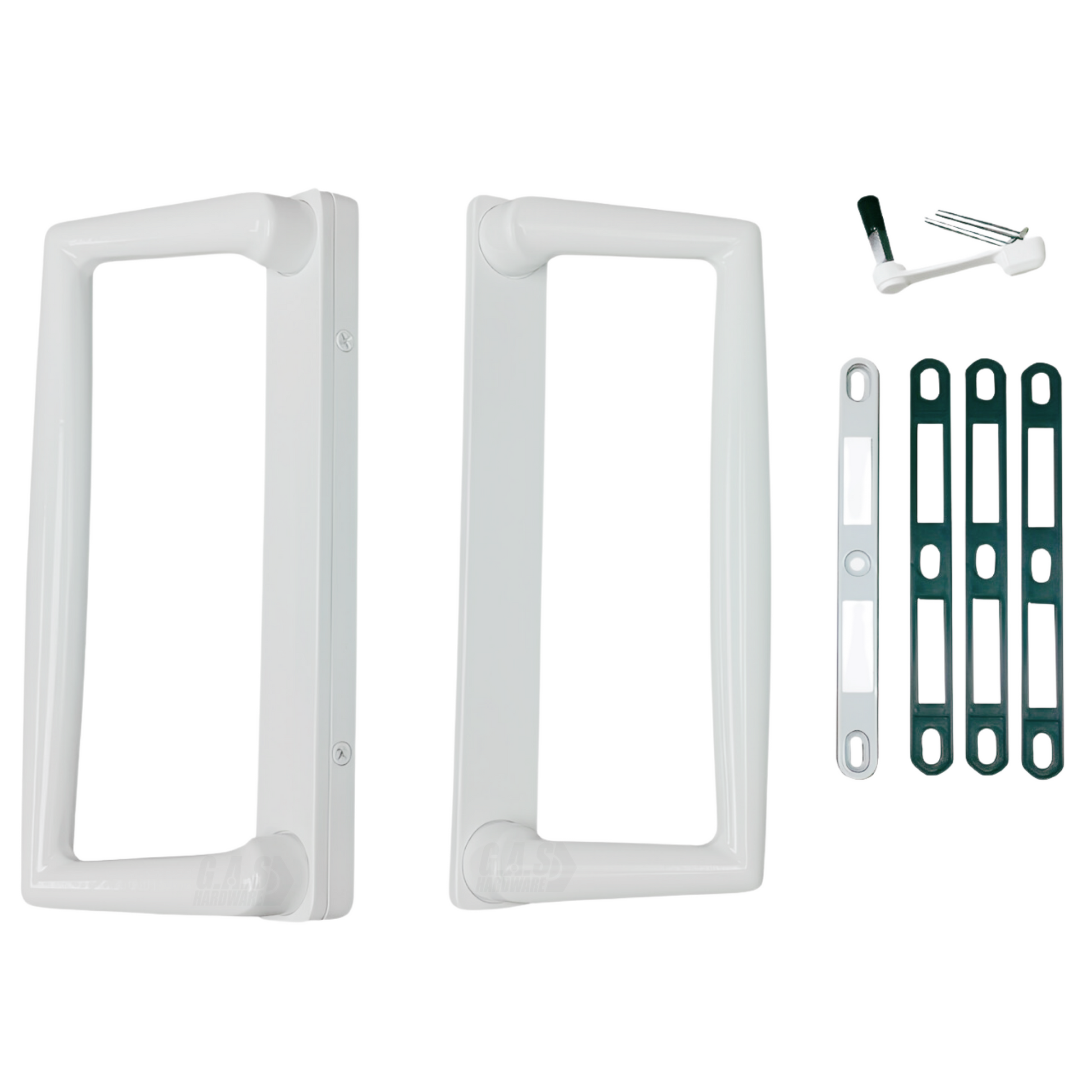 9" White CGI / PGT Sliding Glass Patio Door Surface Mount Handle Set Replacement with Thumb Latch Lever, Screws, and Keepers - 4-15/16" Hole Spacing - Garage and Sliding Door Hardware