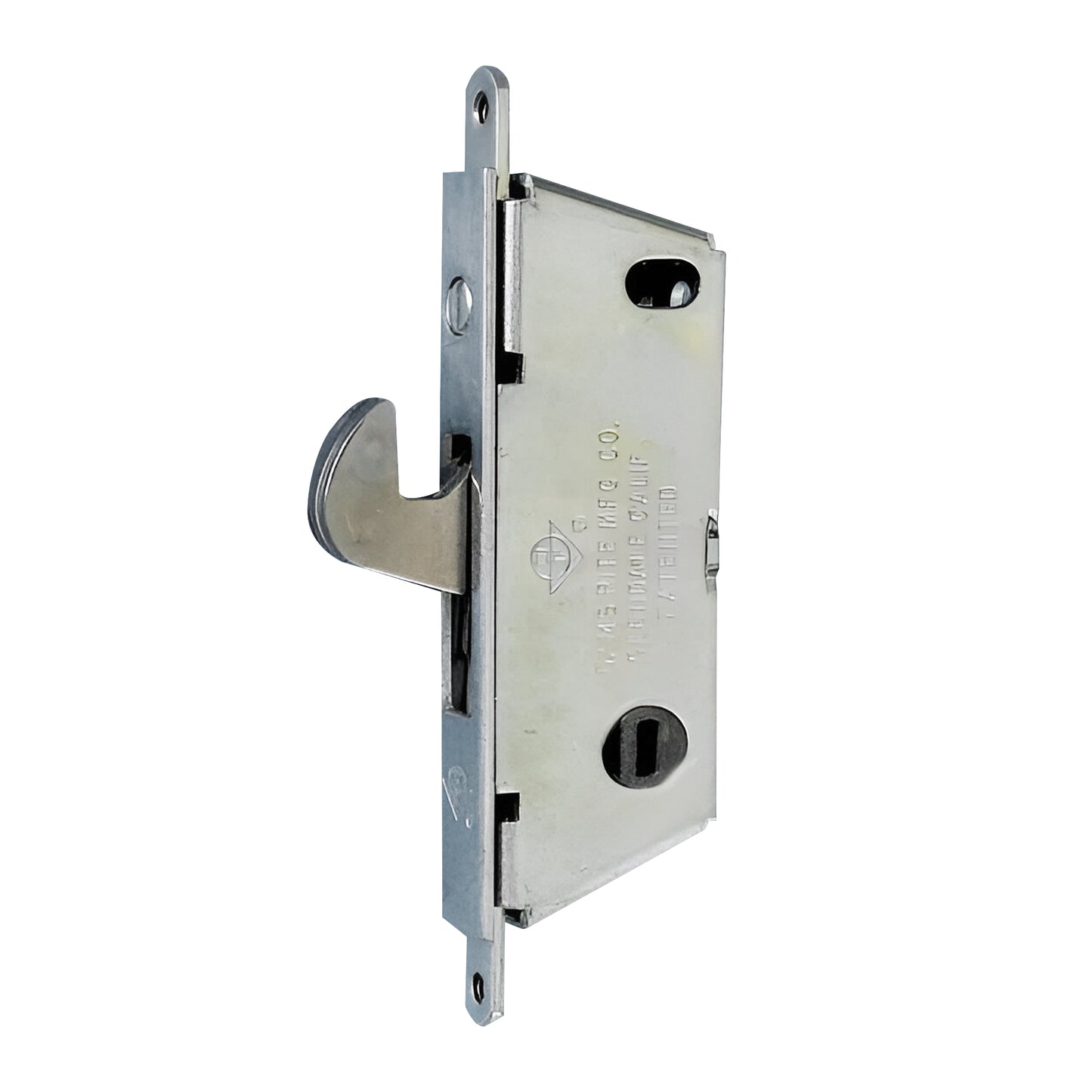 Sliding Door Mortise Lock SQUARE face 45-degree with hook out and 3-11/16" Hole Spacing - Garage and Sliding Door Hardware