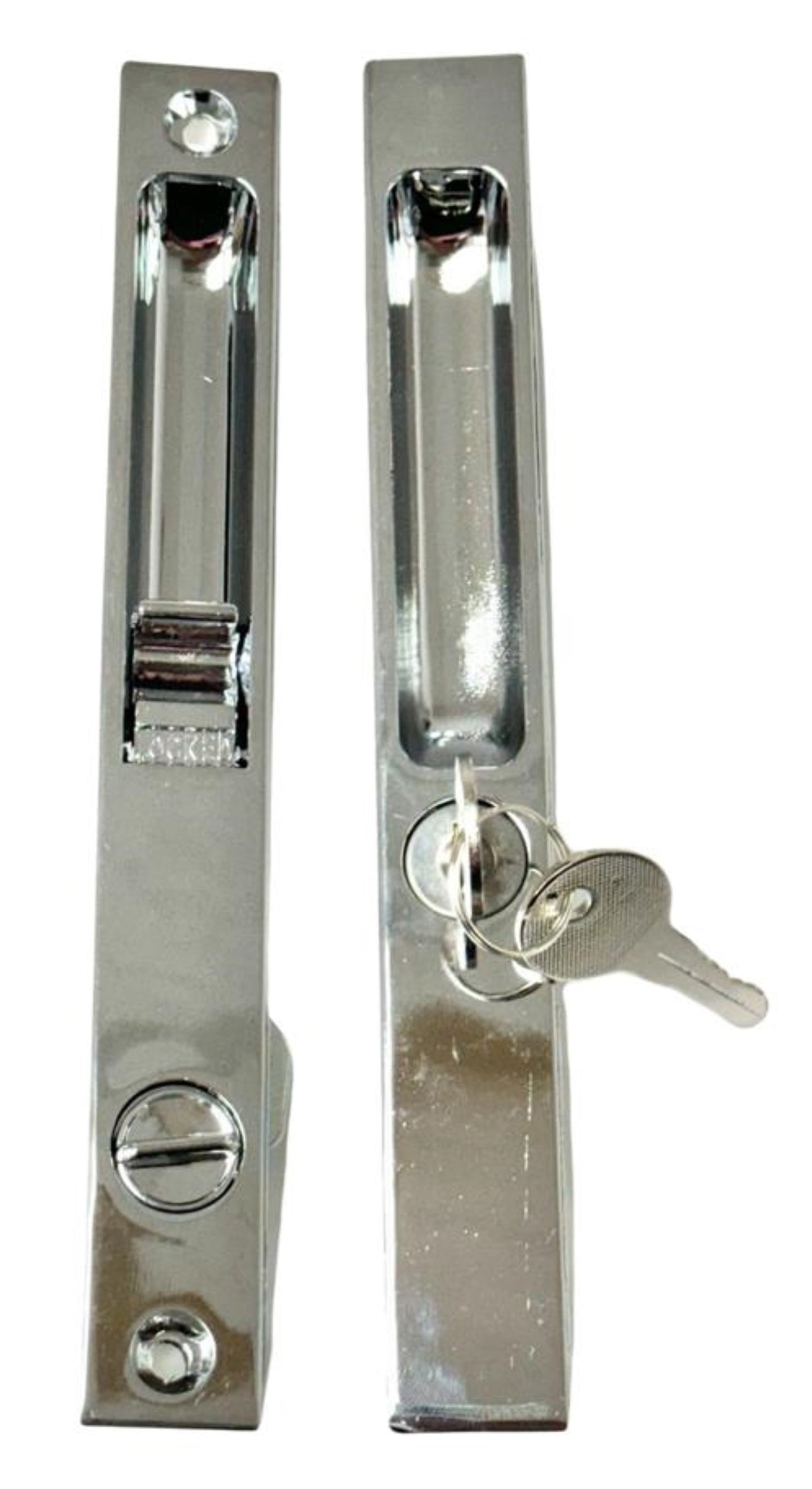 Sliding Door Flush Mount Handle Set with Key Cylinder | Keyed Chrome Flush Mount Sliding Glass Door Handle Set 6-5/8" Screw Holes with 4 Hook Assortment (DL-503-C-K) - Garage and Sliding Door Hardware