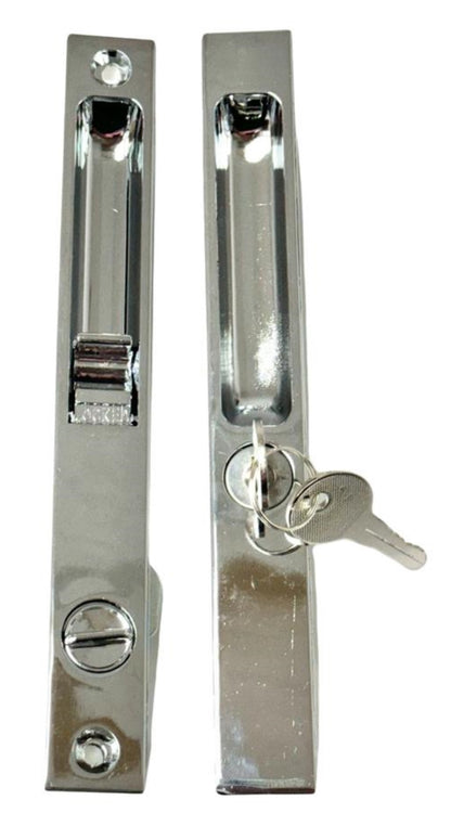 Sliding Door Flush Mount Handle Set with Key Cylinder | Keyed Chrome Flush Mount Sliding Glass Door Handle Set 6-5/8" Screw Holes with 4 Hook Assortment (DL-503-C-K) - Garage and Sliding Door Hardware