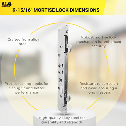 Stainless Steel Amesbury Truth Dual Point 9-15/16" Mortise Lock (No FacePlate) with Anti-Slam Pin for Sliding Patio Glass Door Locking Mechanism Replacement - Garage and Sliding Door Hardware