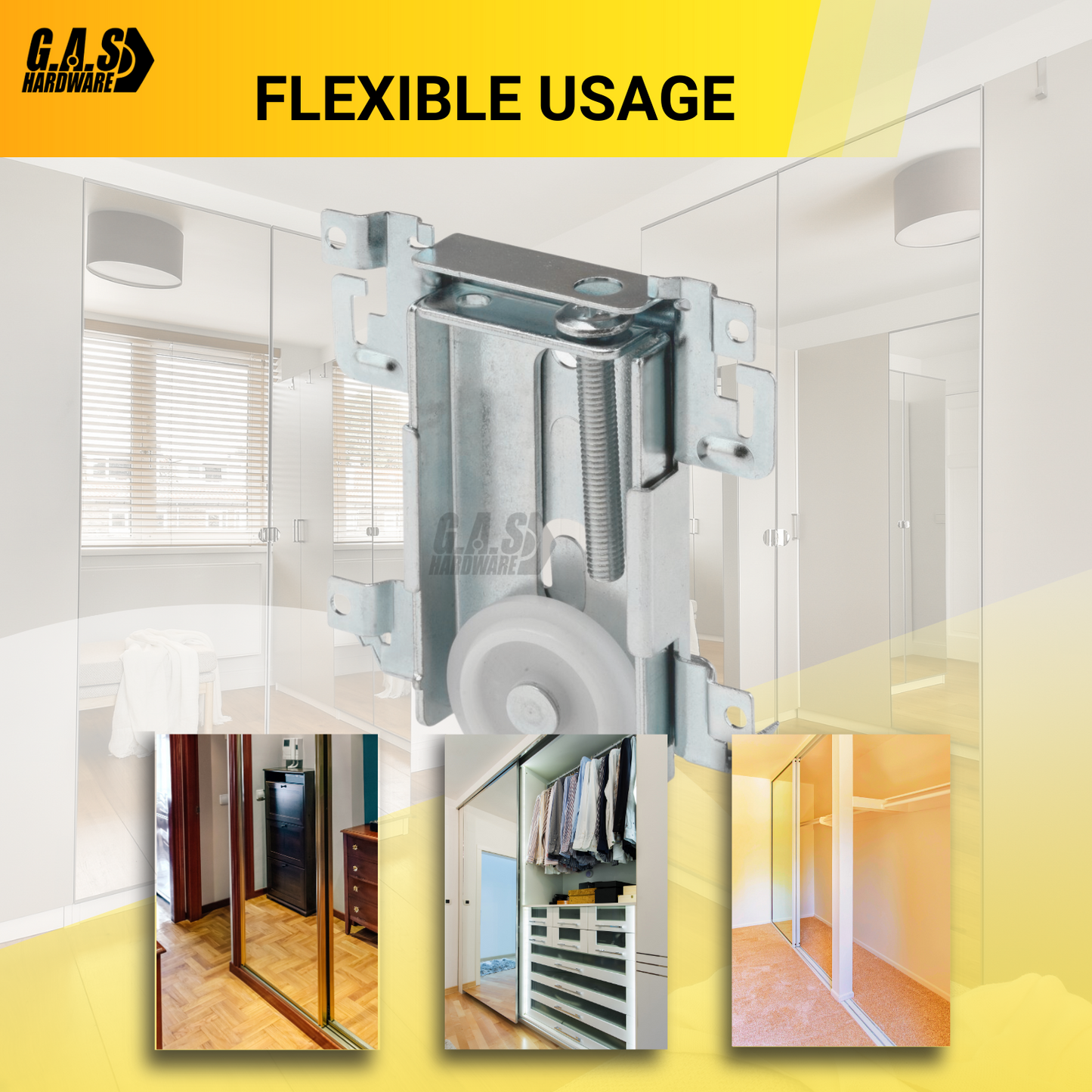 G.A.S. Hardware Steel-Framed Mirror Bottom Closet Door Roller Assembly Convex 1-7/16" Wheels | Roller Replacement for Closet Mirror Wardrobe Doors | Nylon Flat Roller Wheels (DR-11827) - Garage and Sliding Door Hardware