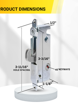 Sliding Patio Door Mortise Lock, 45 Degree Keyway, 3-11/16