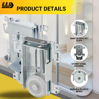 G.A.S. Hardware Steel-Framed Mirror Bottom Closet Door Roller Assembly Convex 1-7/16" Wheels | Roller Replacement for Closet Mirror Wardrobe Doors | Nylon Flat Roller Wheels (DR-11827) - Garage and Sliding Door Hardware
