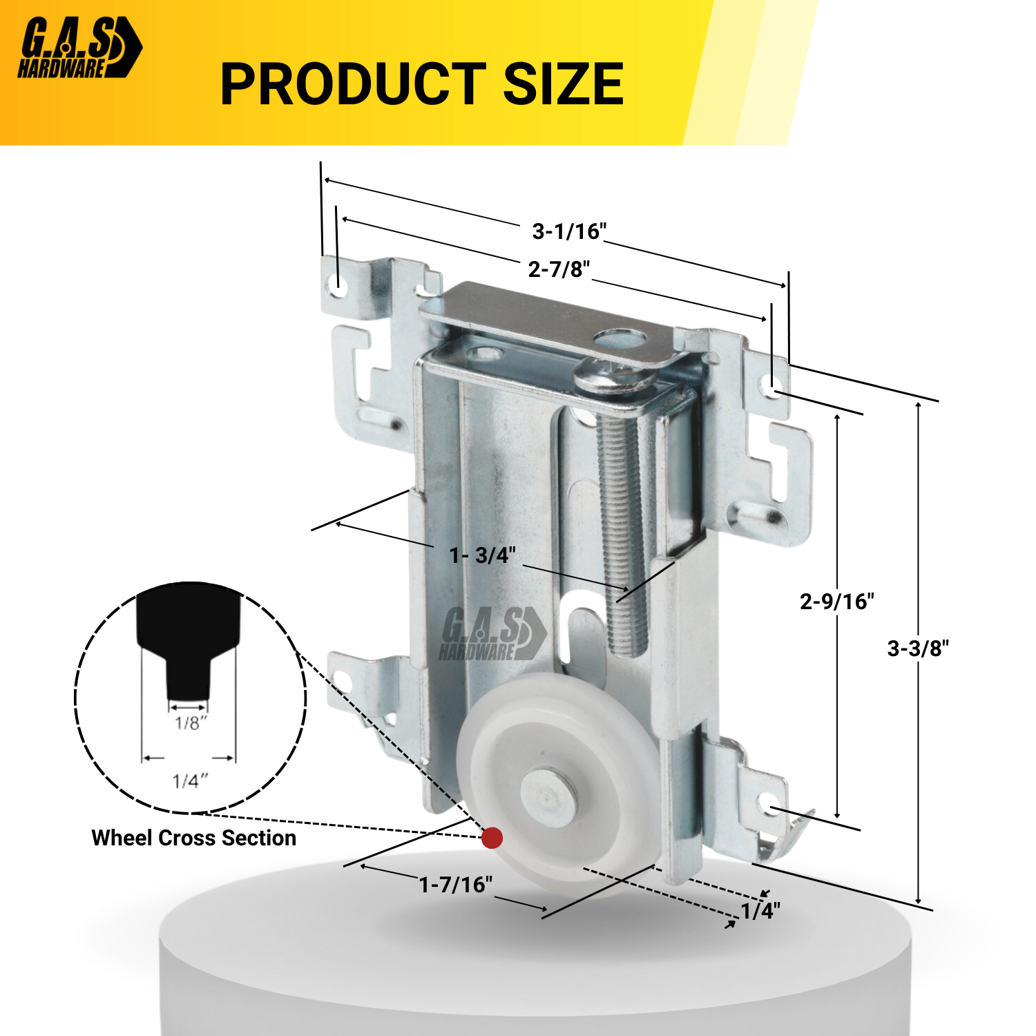 G.A.S. Hardware Steel-Framed Mirror Bottom Closet Door Roller Assembly Convex 1-7/16" Wheels | Roller Replacement for Closet Mirror Wardrobe Doors | Nylon Flat Roller Wheels (DR-11827) - Garage and Sliding Door Hardware