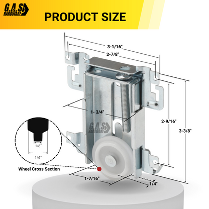 G.A.S. Hardware Steel-Framed Mirror Bottom Closet Door Roller Assembly Convex 1-7/16" Wheels | Roller Replacement for Closet Mirror Wardrobe Doors | Nylon Flat Roller Wheels (DR-11827) - Garage and Sliding Door Hardware