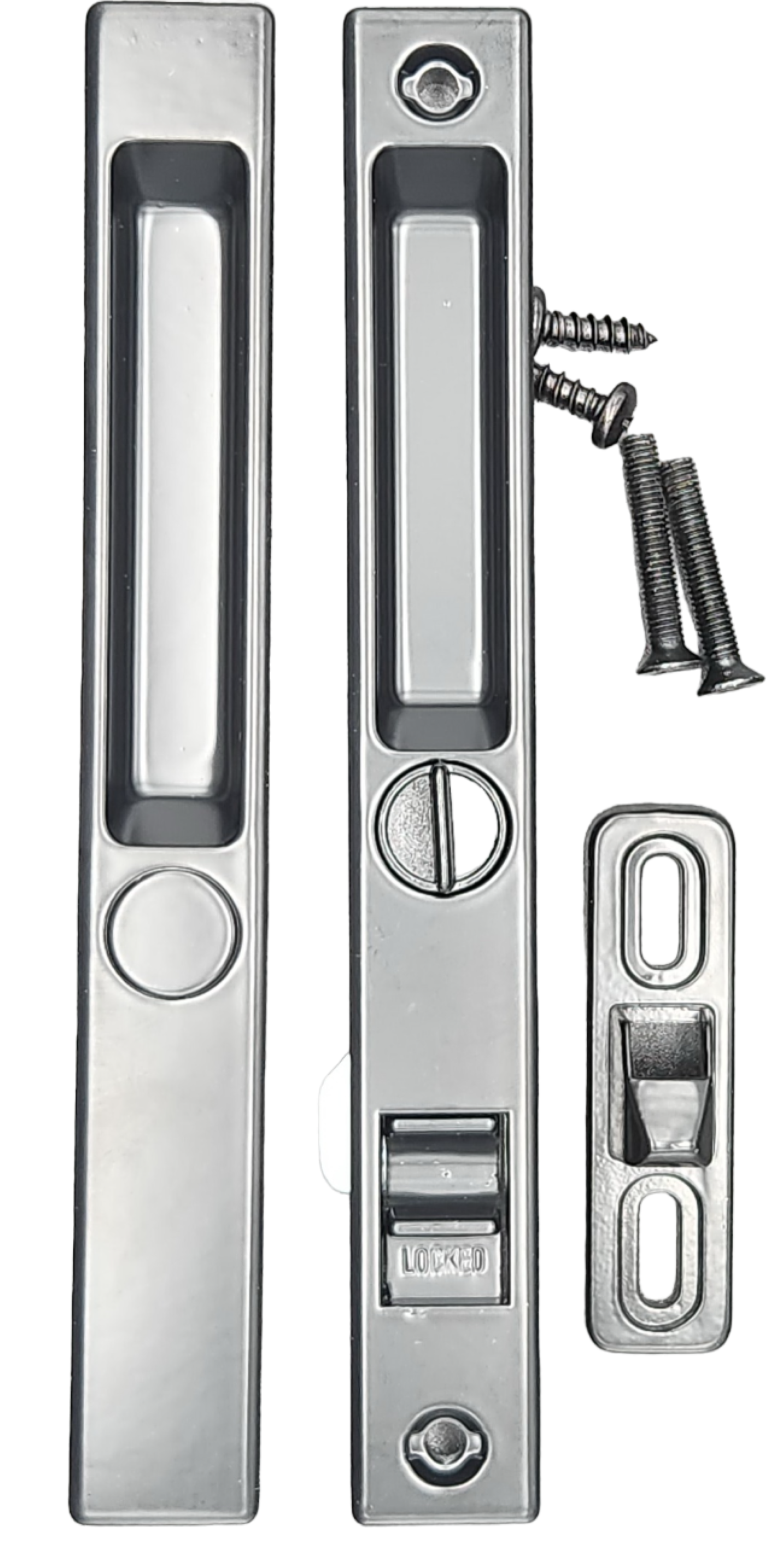 Sliding Glass Patio Door Lock Handle Set, Non-Keyed, Flush Mount, With Nite Lock,"C" Cam, and Keeper, White, 6-9/16" Screw Holes - Garage and Sliding Door Hardware