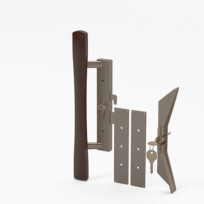 (DH-113) Sliding Patio Door Keyed Aluminum With Wood Handle Set, 3-15/16" Hole Space - Garage and Sliding Door Hardware